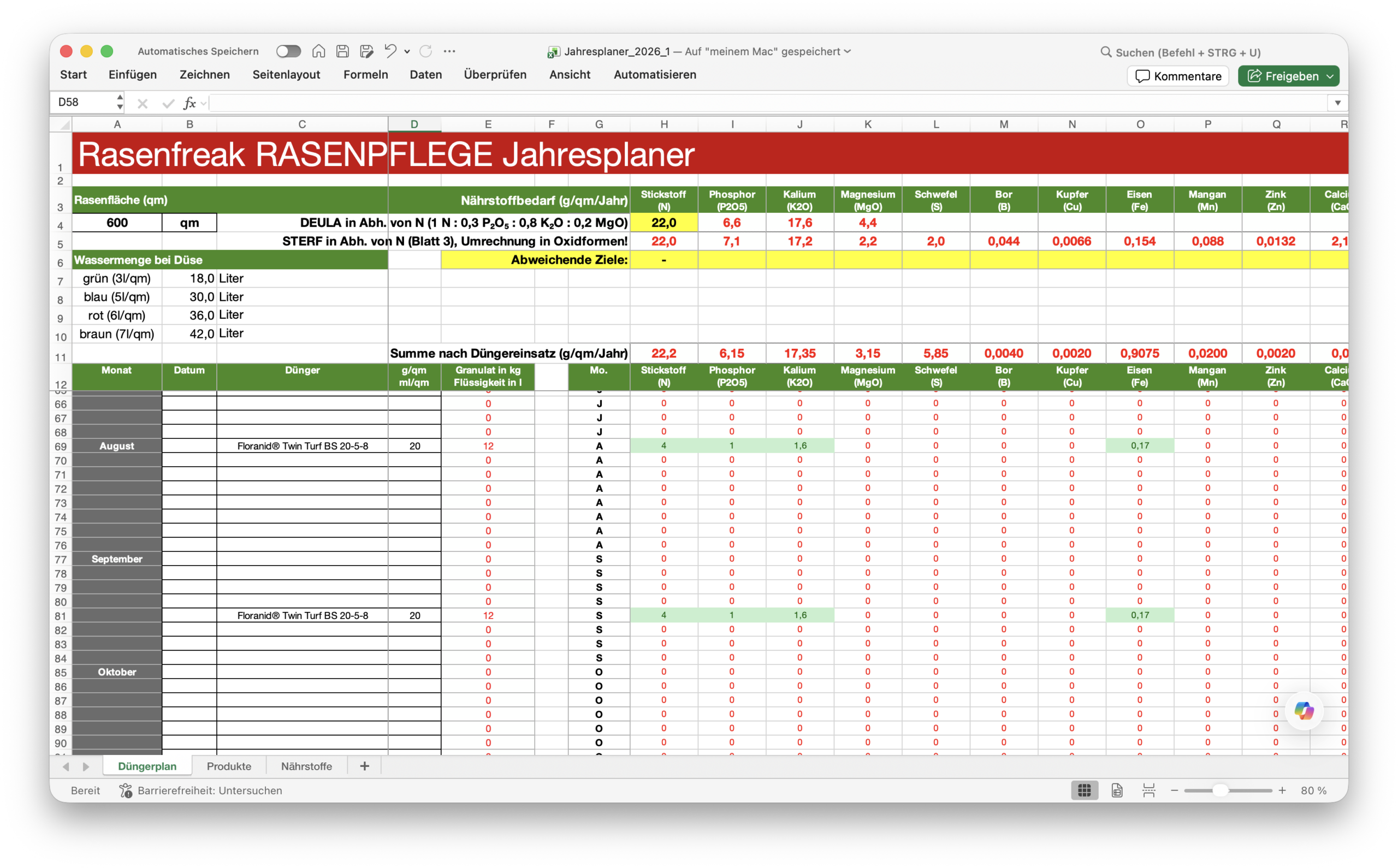 Rasenpflege Jahresplaner 26.1 (neu) – Excel-Düngeplan mit Nährstoffberechnung & Produktdatenbank